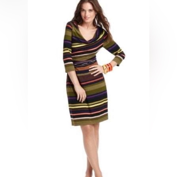 LOFT Cowl Neck Stripe 3/4 Sleeve Ruched Shift Dress LP - Picture 2 of 12